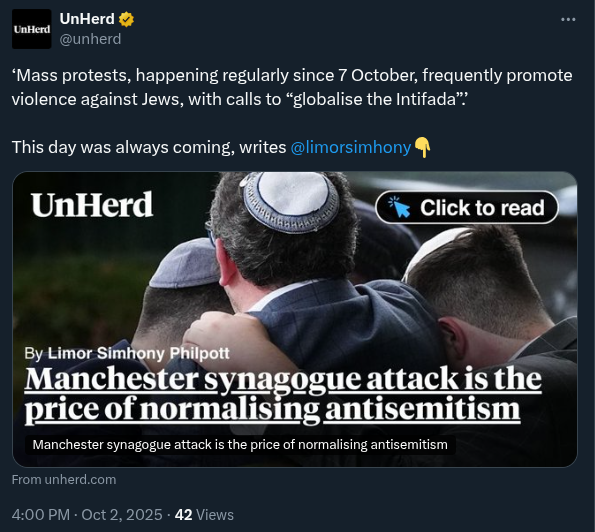 The pro-Israel <a href="/unherd/">UnHerd</a> already using this attack to justify increased censorship of "anti-Semitism".

These f*ckers don't hang around! 🤣