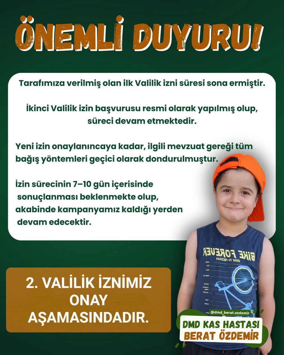 📣 Berat’ın Umutları İçin Ses Olalım 💙

DMD kas hastası minik Berat için başlattığımız yardım çalışmalarımız, şu anda valilik izninin yenilenme sürecindedir.

📌 İkinci valilik izni çıkana kadar bağış talebi çağrısında bulunamıyoruz. Ancak bu, Berat’ın mücadelesinin unutulacağı