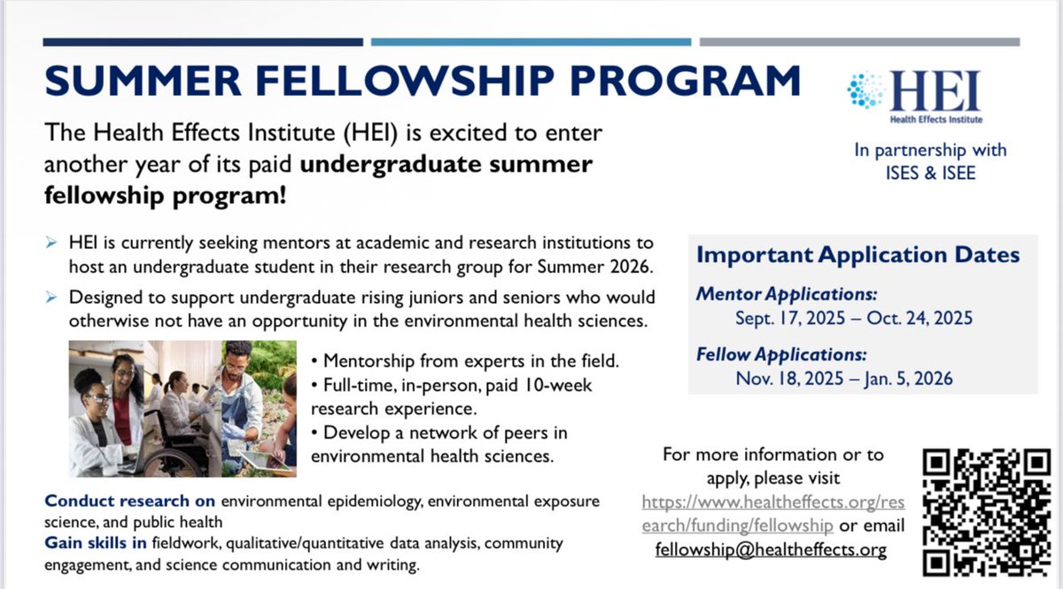Applications are opening soon! The Health Effects Institute’s paid undergraduate summer fellowship supports rising juniors &amp; seniors in environmental health sciences. Gain mentorship, research skills &amp; a peer network. 

🔗 lnkd.in/e5pMkhpz

#unlockpossibilities #makeitaneW