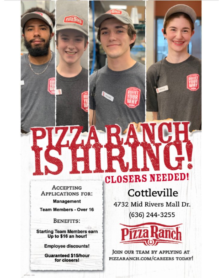 Cottleville Pizza Ranch is hiring! Join our team for a fun, fast-paced environment, legendary food, and great leadership. Apply at pizzaranch.com/careers, choose Cottleville, MO.  We're in need of closers!
🔑 Managers,
🍕 Front/Back of House (16+),
🚗 Drivers (18+).
Link in Bio!