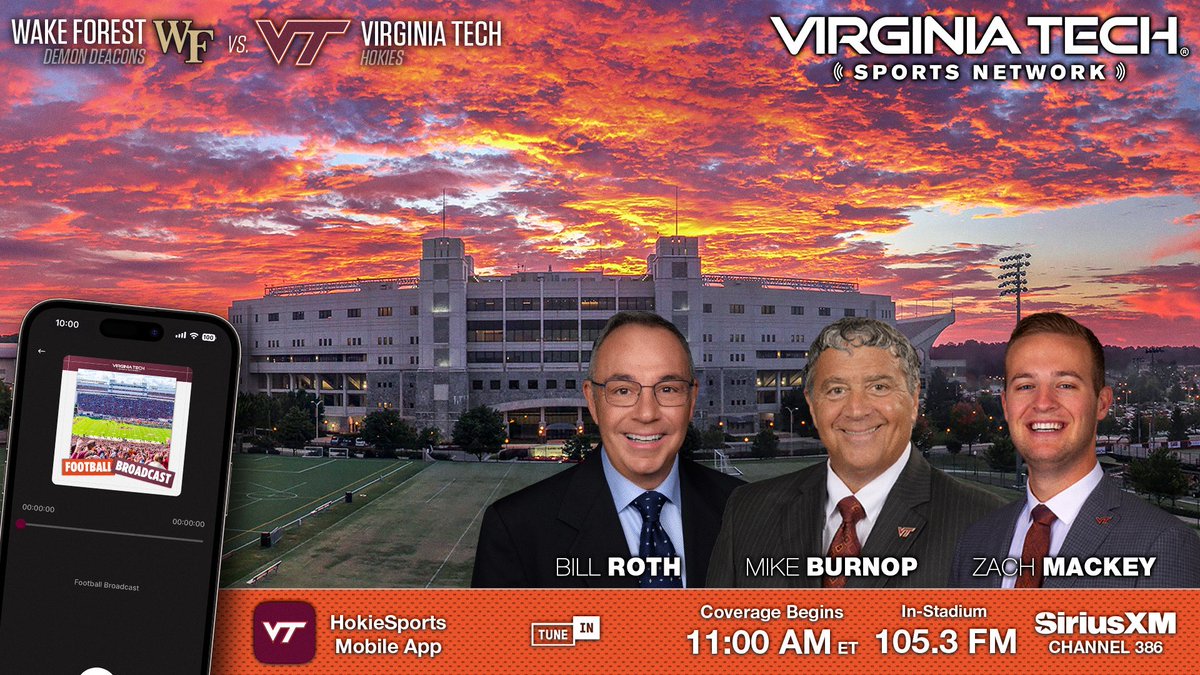 Virginia Tech Sports Network (@hokiesaudio) on Twitter photo ๐๐๐๐ค ๐ฌ๐ข๐ฑ: <a href="/HokiesFB/">Virginia Tech Football</a> vs. Wake Forest
Virginia Tech Sports Network broadcast information:
โข Affiliates ยป hokiesports.com/virginia-tech-โฆ
โข Free @HokieSports App ยป vthoki.es/app
#Hokies ๐ฆ๐ป ๐๐๐๐ค ๐ฌ๐ข๐ฑ: <a href="/HokiesFB/">Virginia Tech Football</a> vs. Wake Forest
Virginia Tech Sports Network broadcast information:
โข Affiliates ยป hokiesports.com/virginia-tech-โฆ
โข Free @HokieSports App ยป vthoki.es/app
#Hokies ๐ฆ๐ป