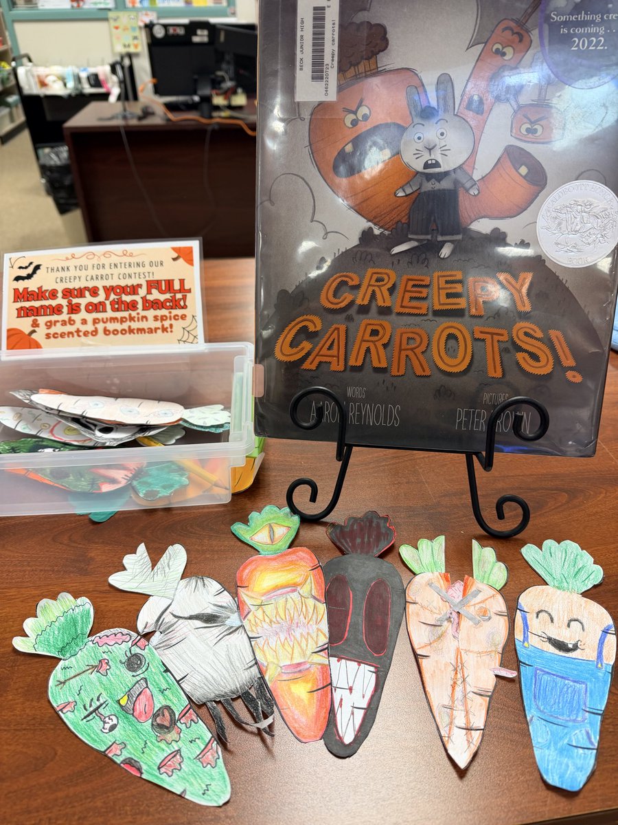 Creepy carrots have started coming in!! Can’t wait to see what our students create. Who will win the creepiest of them all?! <a href="/BeckJuniorHigh/">Beck Junior High</a> <a href="/katy_libraries/">Katy ISD Libraries</a> #katylibraries #bestofbeck #creepycarrots