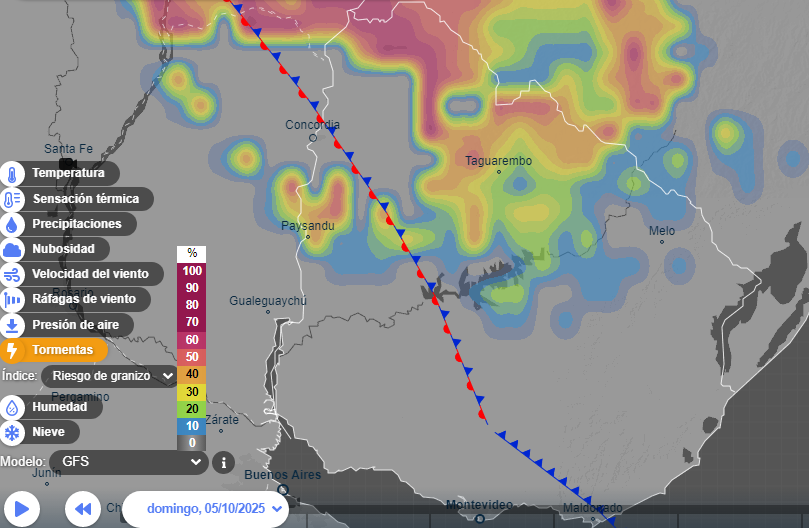 AficionadoMeteo's tweet photo. ACTUALIZADO #RiesgoDeGranizo. Los granizos pueden ser de varios tamaños: Para el domingo 05 de octubre hasta la tarde. Según modelo GFS. Litoral al Norte, Suroeste prob. Recuerden que acompañara; +Actividad eléctrica. Con rachas de vientos fuertes de temporal. #Aviso #InfoPrevio. https://t.co/bo1TGxoVqY