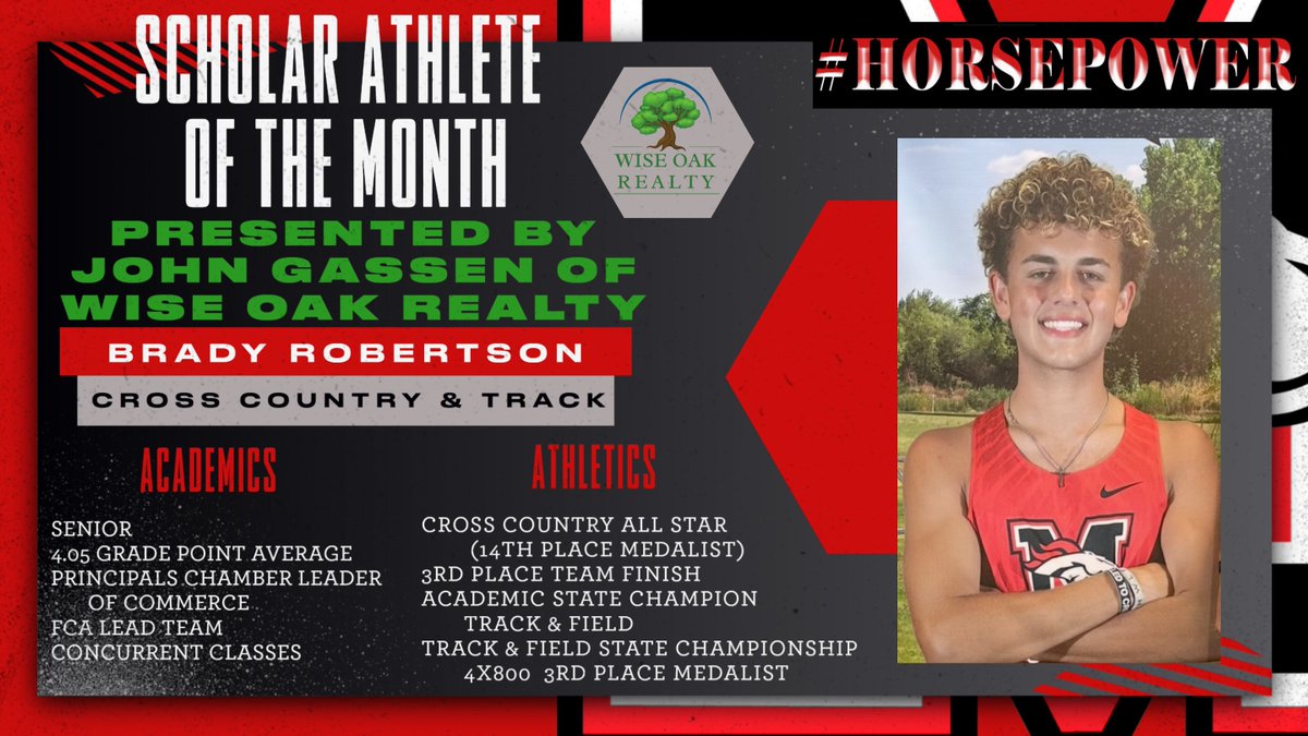 Congratulations to Brady Robertson on being our Scholar Athlete of the Month presented by <a href="/johngassen/">John Gassen</a> of Wise Oak Realty. <a href="/BroncoRunnersXC/">Bronco Cross Country</a> <a href="/MHS_Broncos/">MHSBroncos</a>