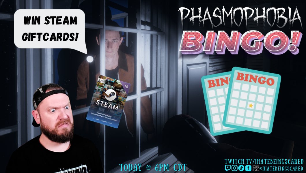 It’s been a LONG time since I played solo <a href="/PlayPhasmo/">Phasmophobia</a>. I’m craving some ghostly punishment today. 

Get your bingo cards ready - we’re playing PHASMOPHOBIA BINGO! You can win $5 Steam gift cards AND watch me suffer and die! It’s a win/win! Well, for you. See you at 6pm CDT!
