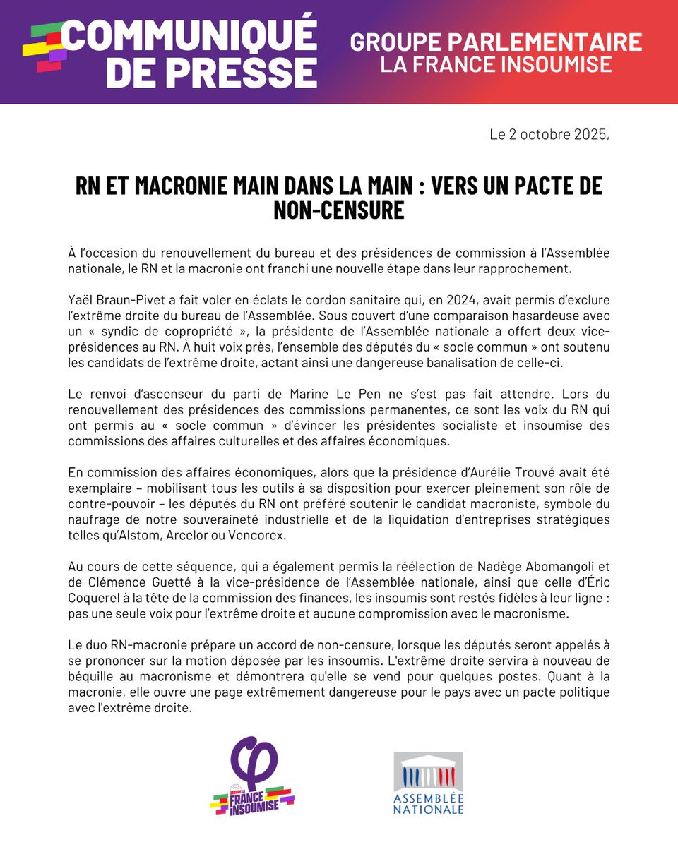 MathildePanot's tweet image. Le duo RN-macronie prépare un accord de non-censure.

L’extrême droite servira à nouveau de béquille dans la poursuite de la politique  macroniste.

Quant à la macronie, elle ouvre une page extrêmement dangereuse pour le pays avec un pacte politique avec l’extrême droite.