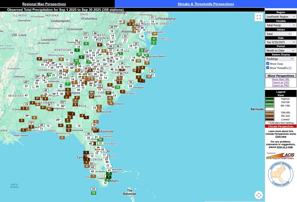 SERCC's tweet image. September #Rain ranks across the region from #CLIMPER.. 
sercc.oasis.unc.edu/Map.php?date=2…
Our #MPE for the month can also be found here: sercc.com/precip-summary/

@FLClimateCenter @gaclimateoffice @NCSCO @mlgriffinWX1 @VirginiaClimate @NWSEastern @NWSSouthern @NOAADrought