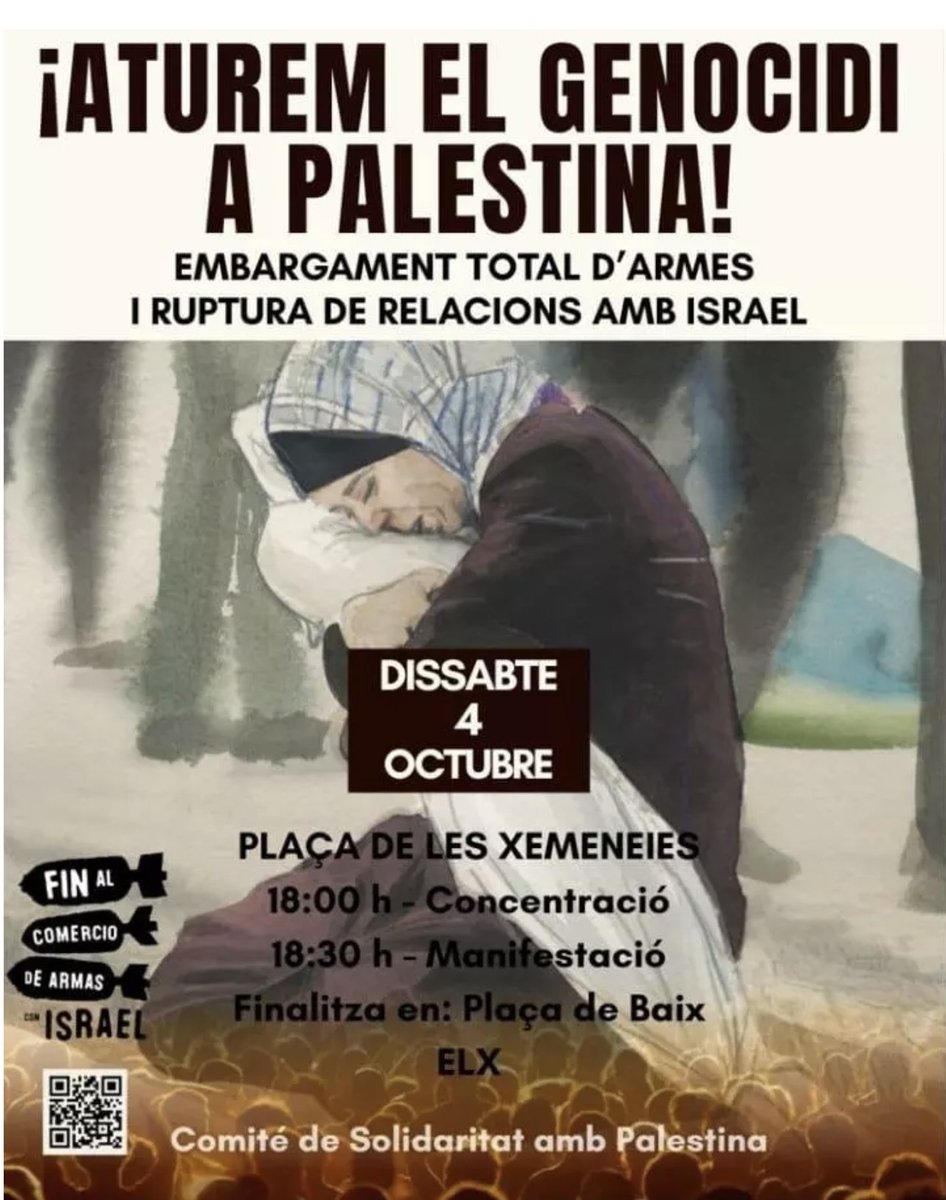 ‼️ Recorda que aquest dissabte també ens mobilitzarem per Palestina!

🗣️ Per alçar la veu contra el genocidi i exigir l’embargament total d’armes i la ruptura de les relacions amb Israel.

⚫️ Mai callarem davant l’Estat sionista i genocida d’Israel.

#Palestina #Gaza #Elx