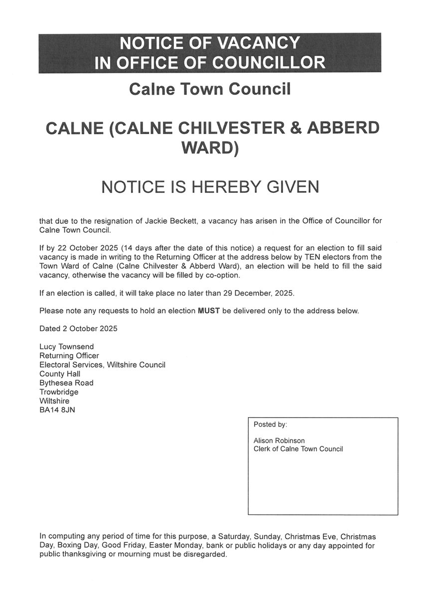 CalneTC's tweet image. Following the resignation of Councillor Jackie Beckett, a Notice of Election has been published.  An election to fill the vacancy in the Calne Chilvester &amp;amp; Abberd Ward will take place if ten electors from the ward submit a written request to the Returning Officer by 22 October.