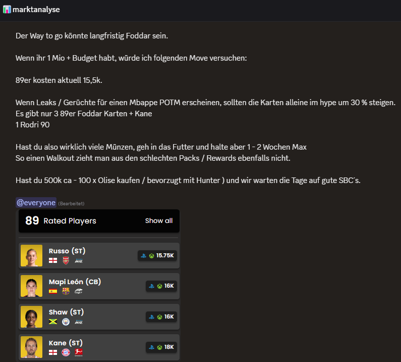 Cashout durch Mbappe POTM und einer perfekten täglichen Marktanaylse auf dem DC 💸

patreon.com/c/Coinsmaffia

Olise war ein 2 Way Investment. 

Ihr bekommt jetzt auch tägliche Trading Tipps und Analysen auf meinem neuen Youtube Kanal 
youtube.com/watch?v=Yw1yDD…

#FC26 #eafc