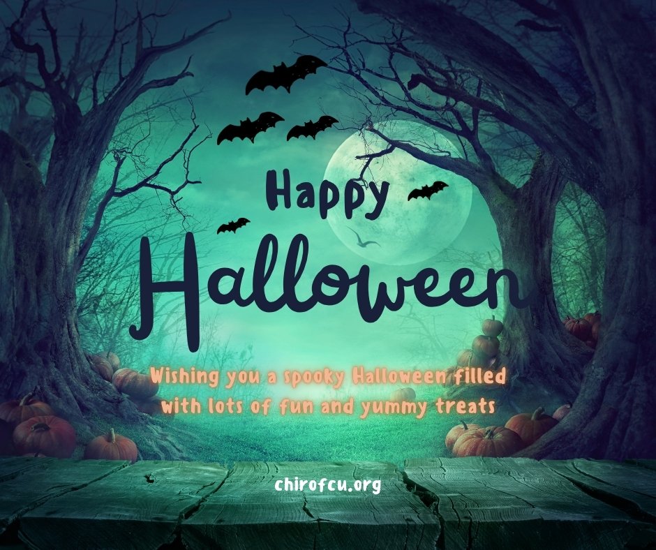 ChiroFcu's tweet image. Happy Halloween! May your day be full of sweet      treats, spooky fun, and maybe even a little extra in your savings pot.  Stay safe, enjoy the magic, and remember-no tricks, just treats when you bank with us!
#HappyHalloween #CFCU #NoTricksJustTreats