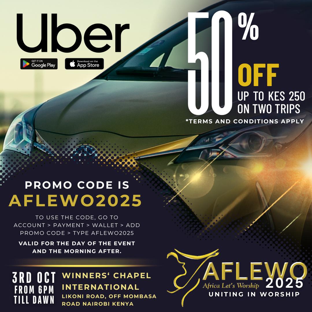 _theluji's tweet photo. Heading to #AFLEWO2025 tomorrow?  
Uber’s got you covered! Use promo code AFLEWO2025 and enjoy up to KES 250 off your ride—both ways!  
🕕 6PM till dawn | 📍Winners Chapel Mombasa  
Let’s worship in comfort, safety, and style.  
Mobility made divine.  
#AFLEWO #UberKenya https://t.co/saexqb8trz