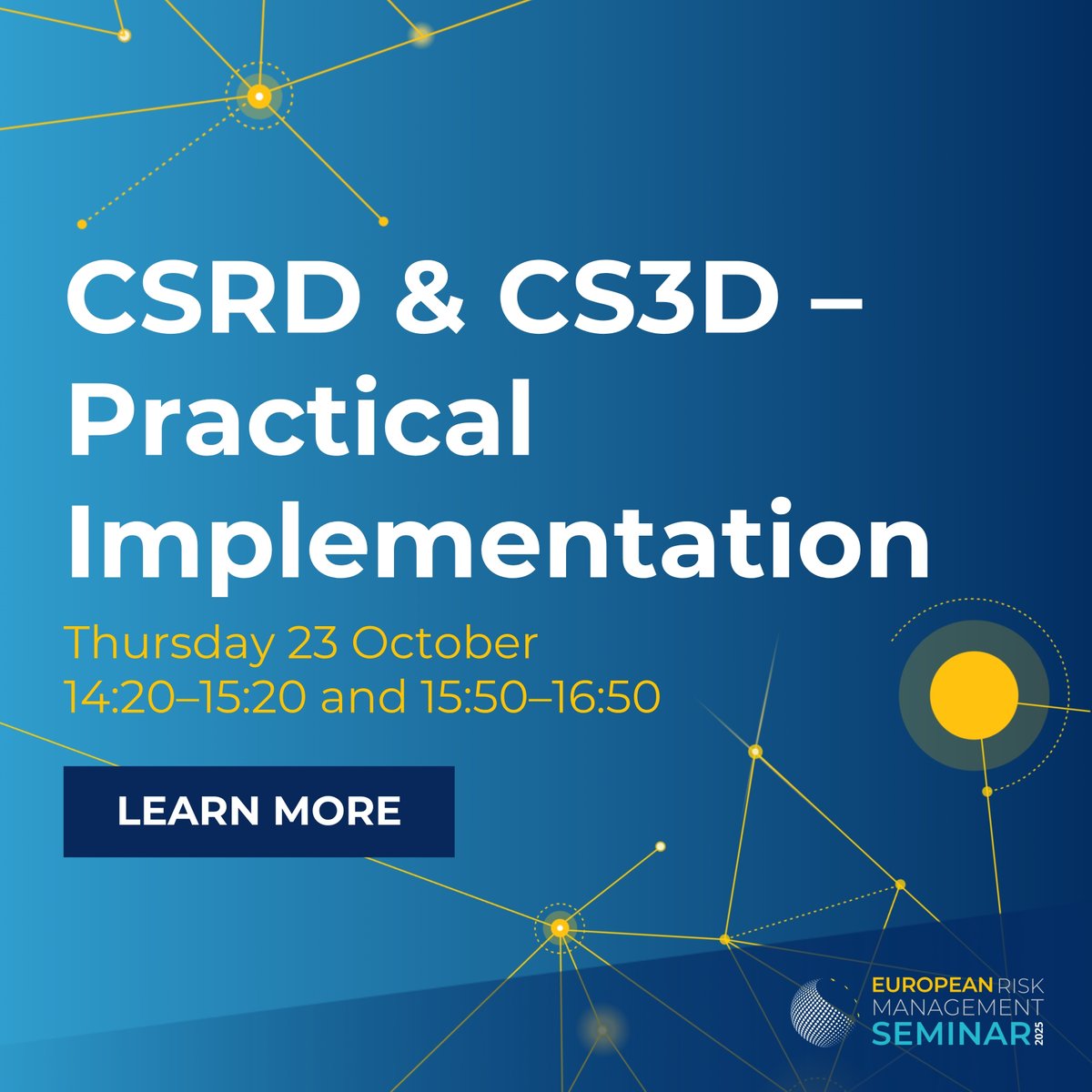 Navigating EU sustainability rules? Don’t miss our workshop “CSRD &amp; CS3D – Practical Implementation” at #FERMASeminar 2025.

Get insights on early CSRD reports, CS3D rollout &amp; the Omnibus law’s impact.

🔗 Register: ferma-seminar.eu/register/