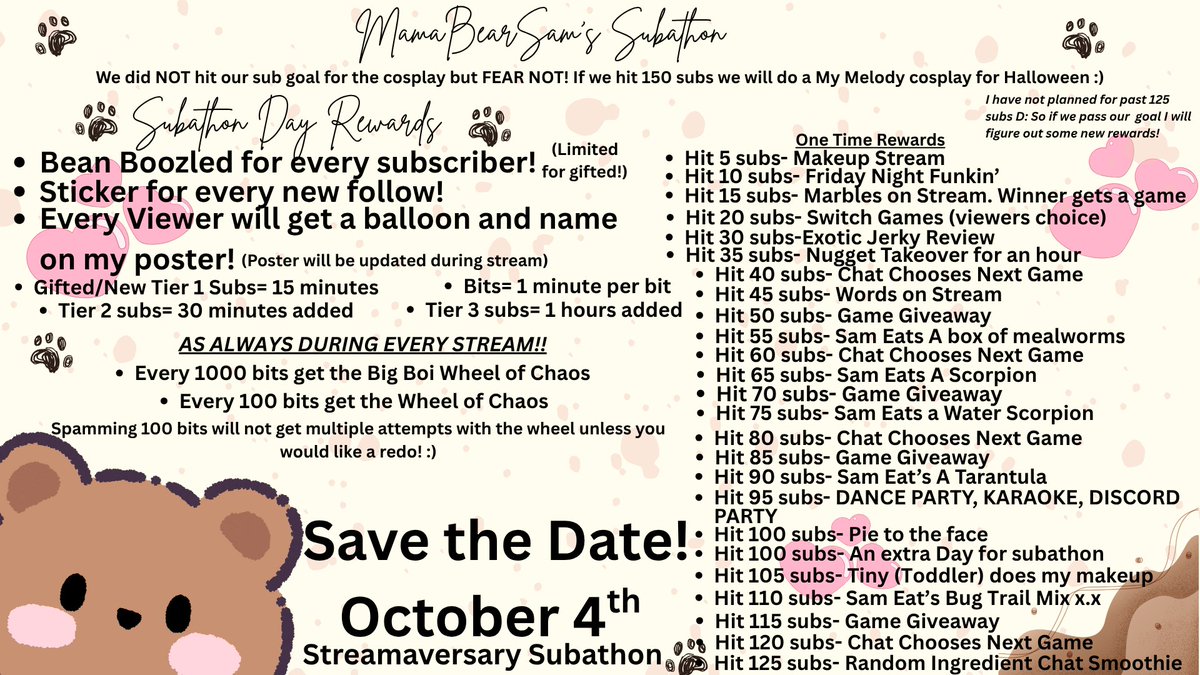 MamaBearSam__'s tweet photo. Streamaversary Subathon Commences THIS WEEKEND for this mama! Be there! We will start at 9pm EST on October 4th! :) https://t.co/m7W4d9GtX5 https://t.co/IJ7Z2GFTbj