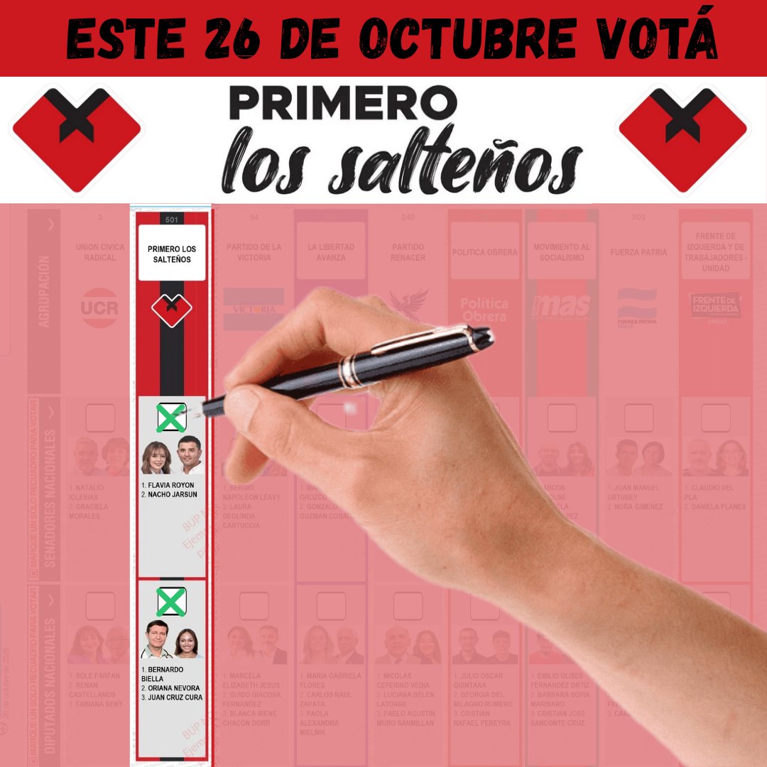 Este 26 de Octubre vota #PrimeroLosSalteños 
1- Busca el poncho⚫️🔴
2-Marca con una ❌️ <a href="/FlaviaRoyon/">Flavia Royon</a> <a href="/NJarsun/">Nacho Jarsun</a> #Senadores <a href="/BernardoBiella/">Bernardo Biella</a> <a href="/OrianaNevora/">Oriana</a> #Diputados 
3- Vota #PrimeroLosSalteños