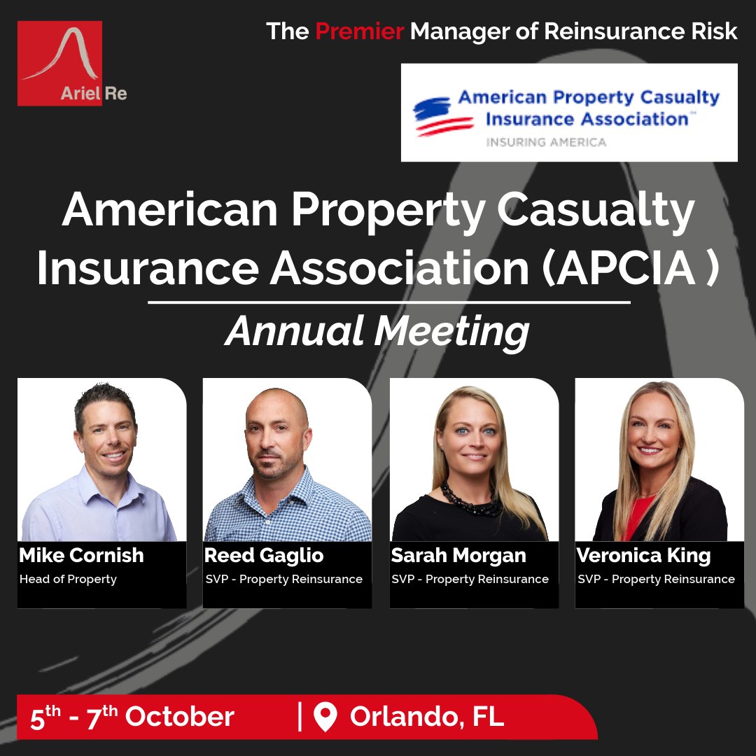 Ariel Re’s property reinsurance team are attending the APCIA conference next week in Orlando with Mike Cornish, Reed Gaglio, Sarah Morgan and Veronica King attending the conference. They are excited to meet with our clients, broking partners and other attendees at the event.