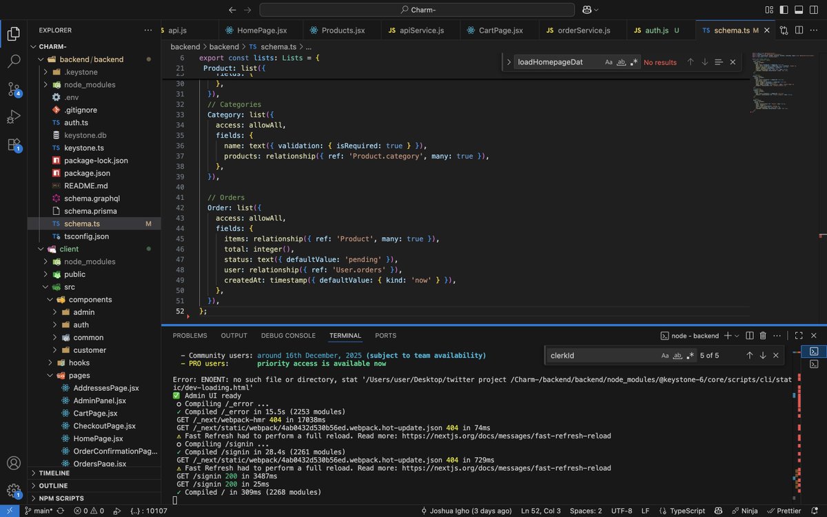Joshua_M_codes's tweet image. 🛠 Day 17 of building Charmé
Struggling with user sync between Clerk & Keystone
Getting “Access denied: User may not exist” when creating orders.
#BuildInPublic #WebDev #KeystoneJS #ClerkDev #Ecommerce