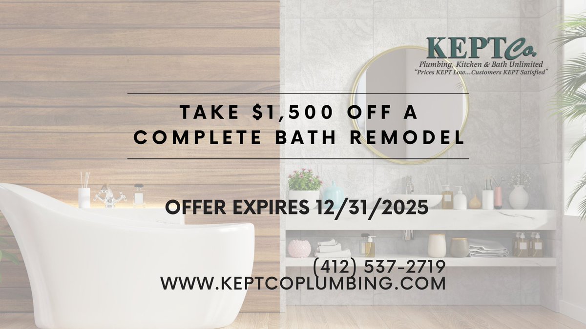 🚿✨ Big savings for your dream bathroom! Get $1,500 OFF a complete remodel with KEPTCo Plumbing. Hurry—offer ends 12/31/25! 🏡

📞 (412) 537-2719
🌐 keptcoplumbing.com

#BathroomRemodel #Pittsburgh #KEPTCoPlumbing #HomeRenovation