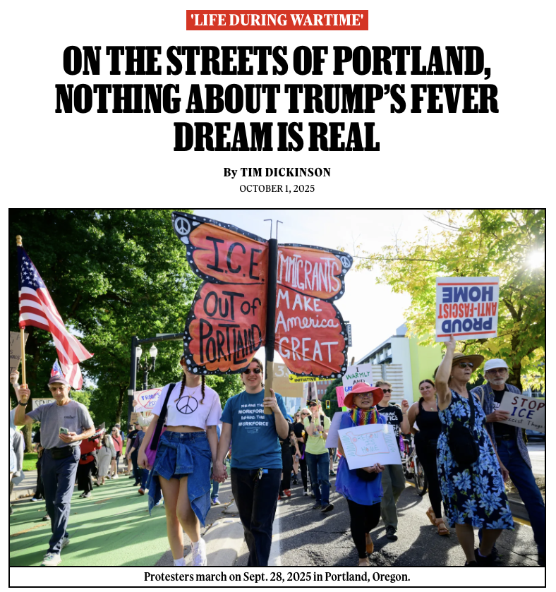 RollingStone's tweet image. Trump's dark fantasy about “war ravaged” Portland is totally disconnected from reality — and a grim warning for America.

Dispatch from Portland: rollingstone.com/politics/polit…