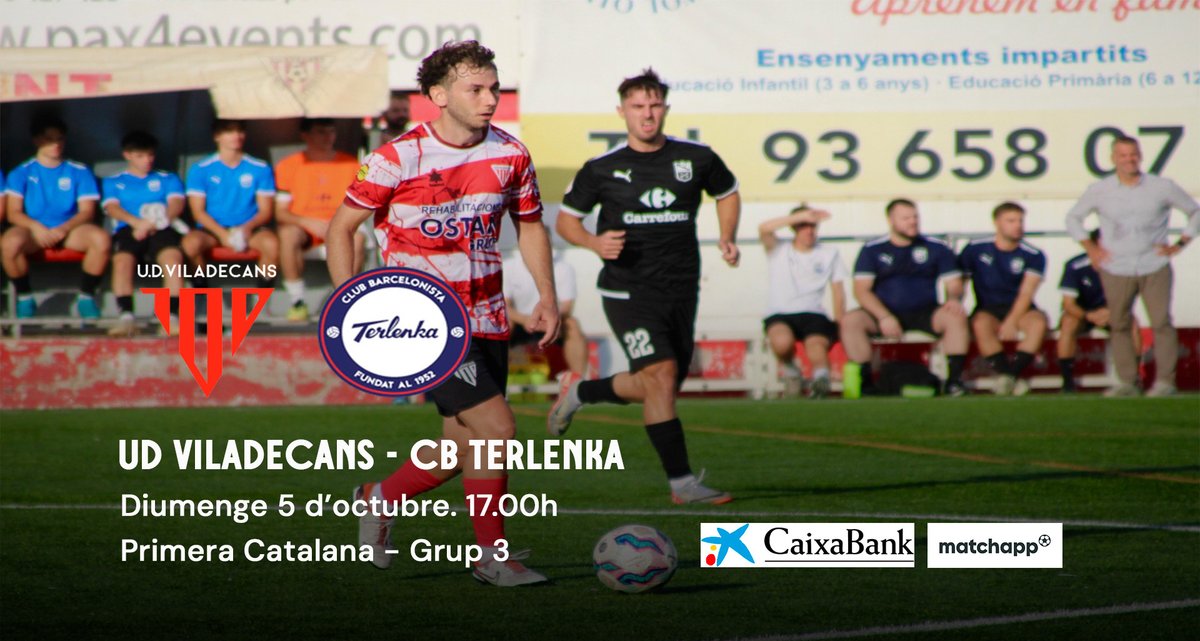 Federació Catalana de Futbol (@fcf_cat) on Twitter photo 📺 𝐃𝐢𝐚 𝐝𝐞 𝐩𝐚𝐫𝐭𝐢𝐭 𝐚 #FCFTV
⚔️ <a href="/UD_Viladecans/">UD Viladecans</a> 🆚 <a href="/CBTERLENKA/">Club Barcelonista Terlenka</a>
🏆 J3 | Primera Catalana, Grup 3
📅 Avui, diumenge 5 d'octubre
⏰ 17.00h
🏟️Camp de Futbol Municipal de Viladecans
📝 La prèvia a fcf.cat/noticia/ud-vil…
📺 En directe a youtube.com/watch?v=VWQwK6… 📺 𝐃𝐢𝐚 𝐝𝐞 𝐩𝐚𝐫𝐭𝐢𝐭 𝐚 #FCFTV
⚔️ <a href="/UD_Viladecans/">UD Viladecans</a> 🆚 <a href="/CBTERLENKA/">Club Barcelonista Terlenka</a>
🏆 J3 | Primera Catalana, Grup 3
📅 Avui, diumenge 5 d'octubre
⏰ 17.00h
🏟️Camp de Futbol Municipal de Viladecans
📝 La prèvia a fcf.cat/noticia/ud-vil…
📺 En directe a youtube.com/watch?v=VWQwK6…