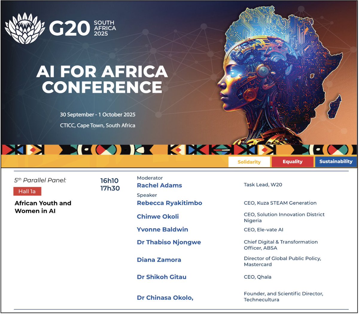ChinasaTOkolo's tweet image. Yesterday, I spoke on the “African Youth and Women in AI” panel at the G20 AI for Africa Conference in Cape Town!

I shared insights on how governments can support youth participation in policy development and the need for proactive efforts against AI-facilitated GBV.