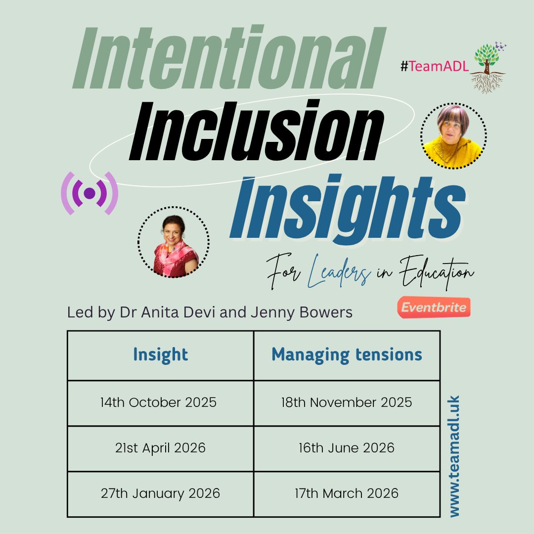 🌍 #Inclusion doesn’t “just happen” it’s a choice, a process &amp; a journey.
📅 Join us online: Intentional Inclusion Insights
🗓️ 14 Oct, 3:45–5pm
🎤 Dr Anita Devi: Defining Inclusion – the Kaleidoscope Lens
👉 Book your place &amp; lead change in your school: bit.ly/43HLbti
