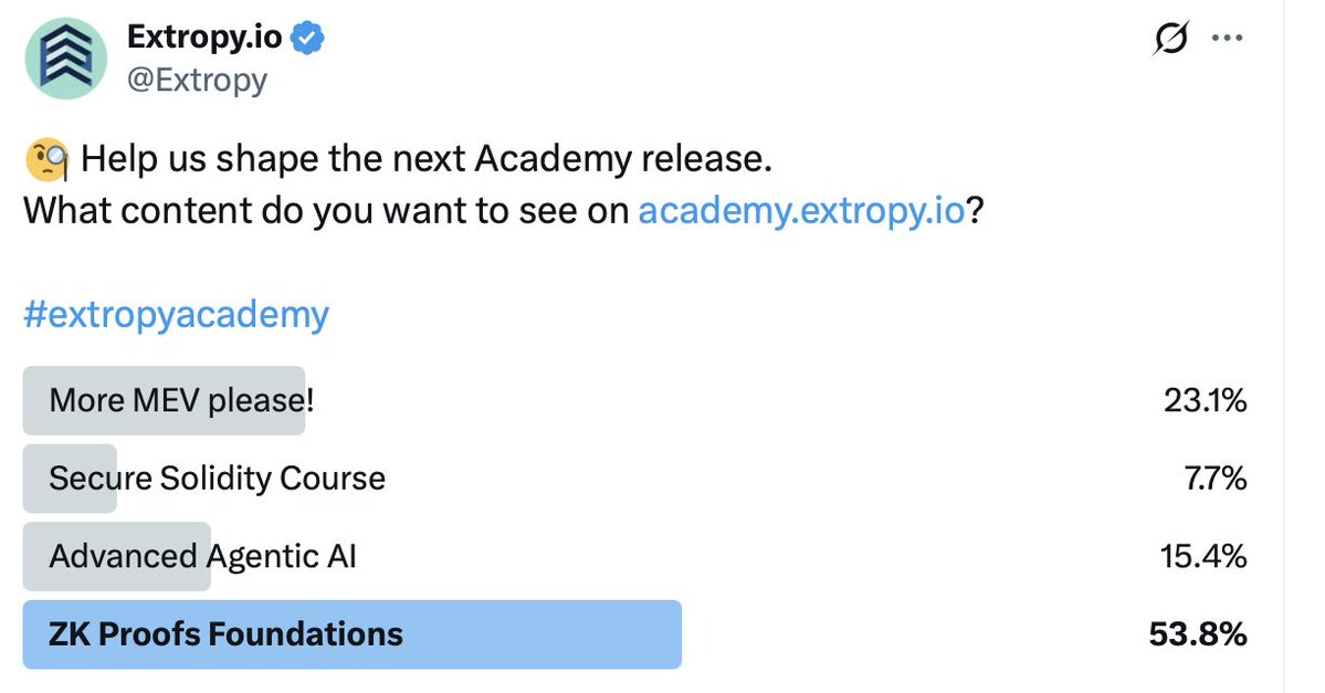Extropy's tweet image. Thanks for voting! Verdict: More #ZK.
#MEV came second—which is handy, because we’ve already shipped
🟥Advanced MEV: Navigating the Dark Forest → academy.extropy.io/pages/courses/…
#ExtropyAcademy