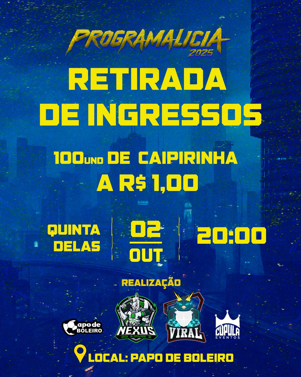 atleticanexusrr's tweet photo. 📢 Retirada de ingressos no Papo de Boleiro!
E tem mais: é QUINTA DELAS 💃
👉 Tudo em DOBRO nos drinks e tira-gosto
👉 +100 caipirinhas no pot por R$1 cada 😱
⚠️ Só hoje, não dá pra perder!
#Programalícia #Calourada #QuintaDelas https://t.co/OhwW7Asq6f