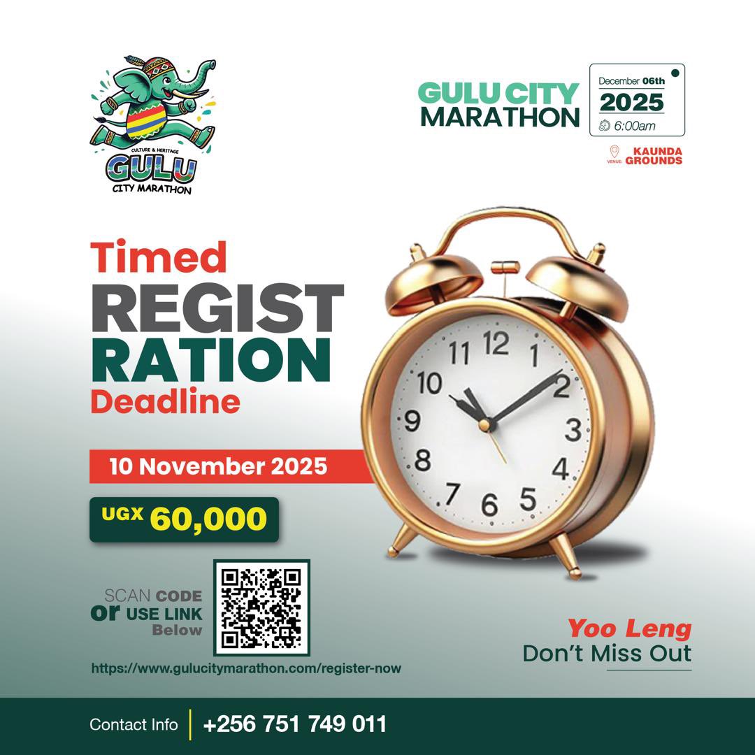 🚨 Timed Registration Alert! 🚨
Timed registration for #TheGuluCityMarathon closes 10th Nov 2025.
Don’t wait secure your slot today for your best timing results.🥰🤗
📅 6th Dec 2025 | 📍Kaunda Grounds | 💵 UGX 60,000