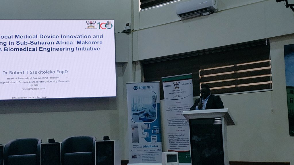 UNBEC2025's tweet photo. Dr. Robert Ssekitoleko, Head of Biomedical Engineering Unit Makerere University @sseki_biomed_en with a great presentation about Advancing Local Medical Device Innovation and Manufacturing in Sub-Saharan Africa.
#UNBEC2025
#MakBME https://t.co/VoW6drbcWq