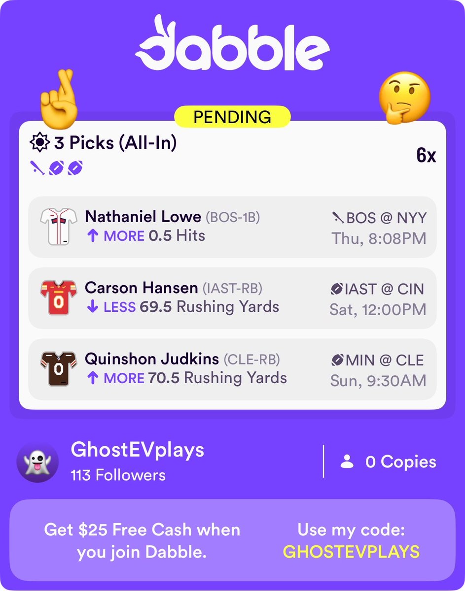 GhostEVplays's tweet image. ⚾️ Dabble +EV Play
🏈 +500 (FV +470.37)
+EV: 5.18%
Playing: 0.12 Units
#dabble #sports #mlb #ncaa #nfl