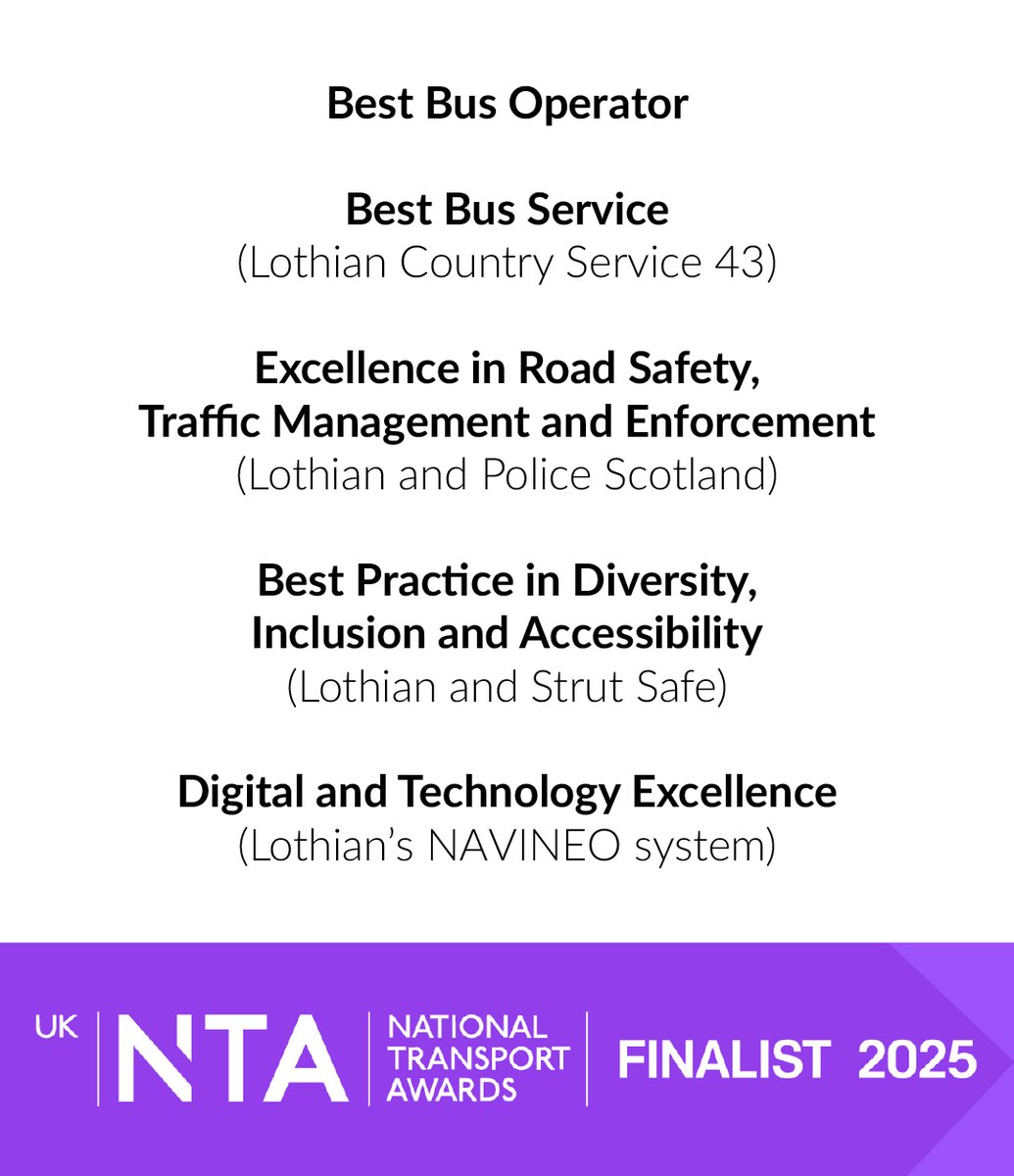 🏆 We've been shortlisted in 5 categories at tonight's National Transport Awards!

Huge thanks go to all our colleagues who've made these nominations possible - wish us luck 🤞

#TeamLothian #NTAs