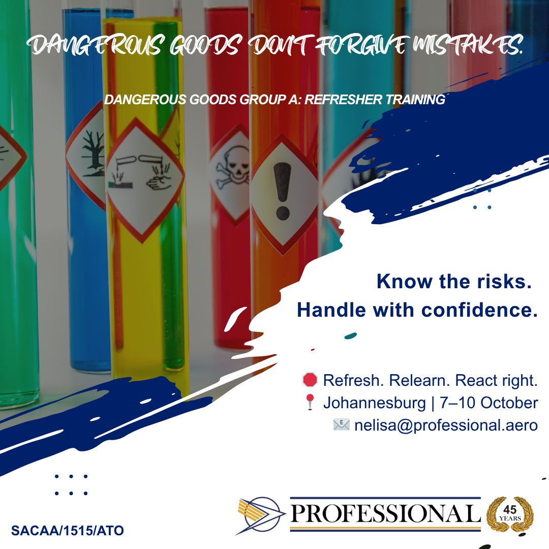 ZA_Professional's tweet photo. Dangerous Goods Group A: Refresher Training 
Classroom JHB
7–10 October
Contact Nelisa: nelisa@Professional.aero

Refresh your knowledge. Stay compliant. https://t.co/lh2fj7cQKG