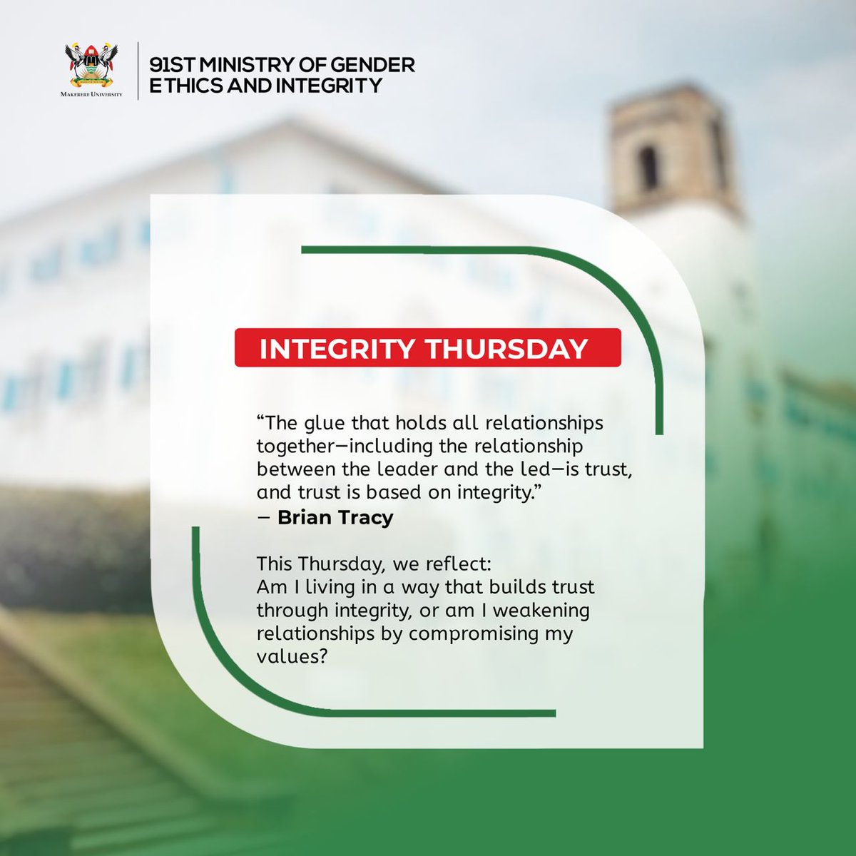 MakGuild's tweet photo. "The glue that holds all relationships together, including the relationship between the leader and the led, is trust, and trust is based on integrity,"
Brian Tracy.
#IntegrityThursday https://t.co/6CYg0yBYSc