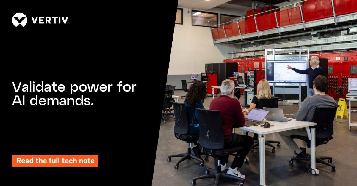 Vertiv's tweet image. AI reshapes power demands. Our AI Load Simulator replicates GPU clusters so you can validate UPS, PDUs and switchboards before deployment. Learn more: ms.spr.ly/6015s9h9d

#UPSsystems #powersystems #DataCenterEfficiency #Reliability #AIEfficiency