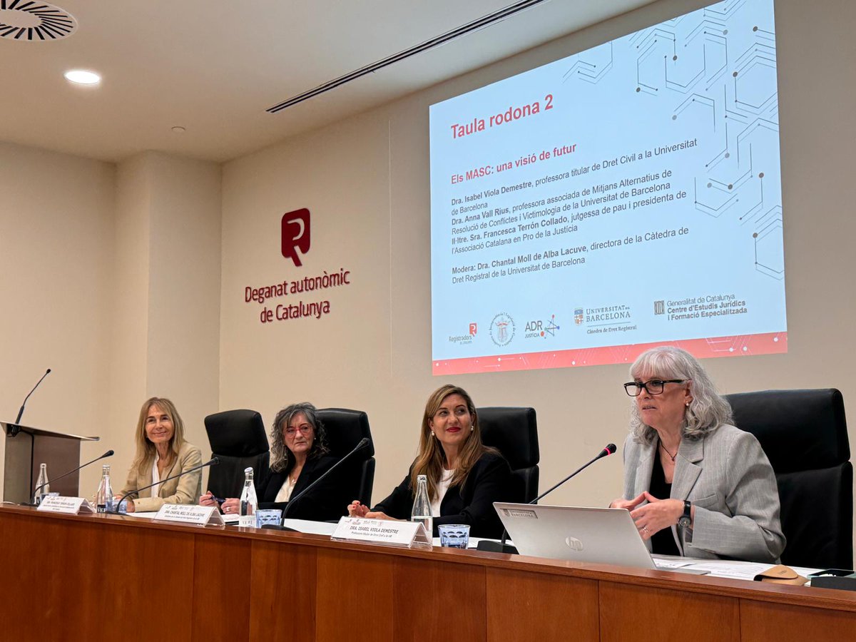 SEGONA TAULA
En el marc de les IV Jornades d’ADR en l’àmbit registral, presentem la 2a taula rodona:
📖 “Els MASC: una visió de futur”
Amb la participació de:
🔹 Sra. Isabel Viola, <a href="/Dret_UB/">Facultat de Dret UB</a>  professora titular de Dret Civil a la Universitat de Barcelona.
🔹Anna Vall, <a href="/RiusVall/">Anna Vall Rius</a>,