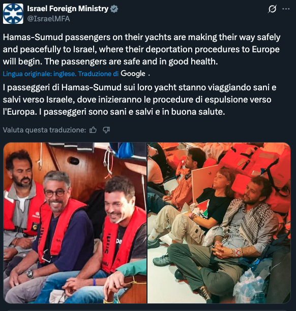 ciropellegrino's tweet photo. È una cosa gravissima.
Il ministero degli Esteri di Israele definisce «di #Hamas» giornalisti e attivisti su #FlotillaForGaza 
Nella prima foto, ultimo dei tre, c'è Saverio Tommasi, mio collega in #FanPage 
La vergognosa strumentalizzazione degli apparati dello Stato israeliano necessita di una risposta in Italia. 
@FnsiSocial  @ODG_CNOG e tutte le realtà che conoscono @SaverioTommasi  sanno benissimo chi è e cosa fa. È orribile questa disinformazione.
Nell'altra foto vedo poi #GretaThunberg . Che vi devo dire più.
---

This is extremely serious.
The Israeli Ministry of Foreign Affairs labels journalists and activists as “Hamas.”
In the first photo, the last of the three is Saverio Tommasi, my colleague at FanPage.
The shameful exploitation by the Israeli state apparatus requires a response in Italy.
Federazione e Ordine dei Giornalisti and all those who know Saverio Tommasi are fully aware of who he is and what he does. This disinformation is appalling.
In the other photo, I also see Greta Thunberg. What more can I say?
 
#flotilla