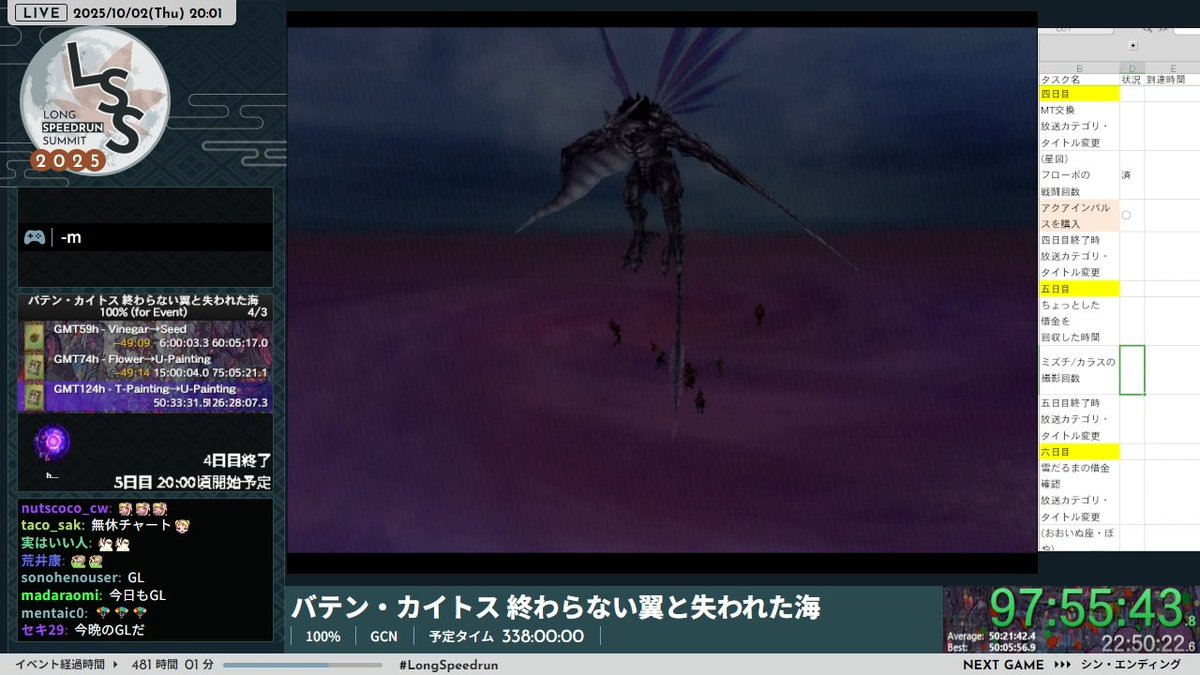 現在『バテン・カイトス 終わらない翼と失われた海』の「100%」が進行中です…

day5は古の大地ドゥールを攻略します。
まだまだ強ボスとの闘いが続く中、あの『超レア写真』の撮影に挑戦!

▼配信チャンネル
twitch.tv/longspeedrunsu…
#LongSpeedrun