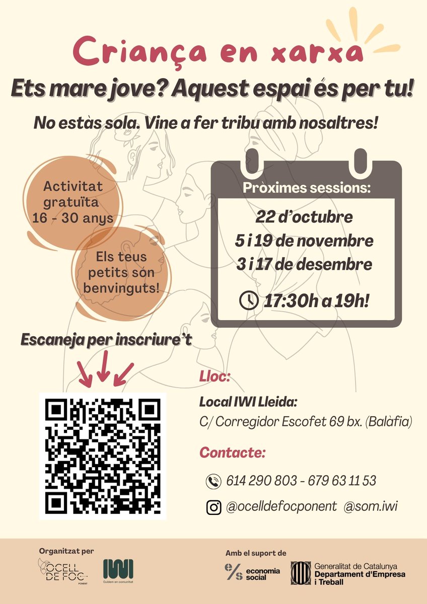 Tornem a les sessions del grup de🌸 CRIANÇA EN XARXA🌸de mares joves de 16 a 30 anys a Lleida juntament amb IWI. 

🔗 Teniu el link d’inscripció a la nostra biografia!  

Recordeu que els vostres petits també son benvinguts 🙌🏼
