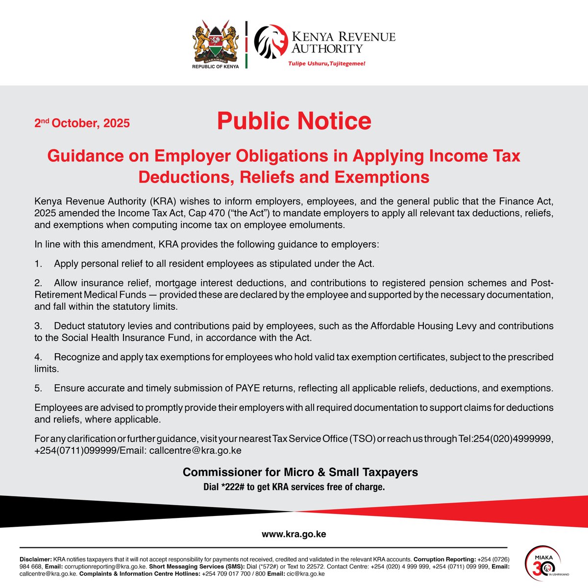 KRACorporate's tweet image. 📢 KRA requires all employers in Kenya to apply the correct income tax deductions, reliefs and exemptions on employee pay, including personal relief, insurance and pension contributions and statutory levies.