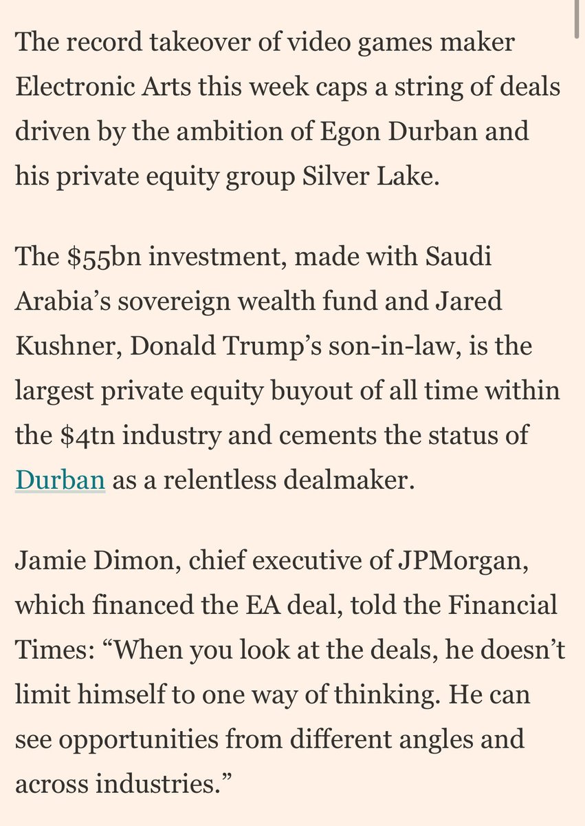 mroliverbarnes's tweet image. Just a casual Jamie Dimon interview to lead @JFK_America and @AntoineGara’s profile of Silver Lake founder Egon Durban, following Monday’s $55bn EA deal
