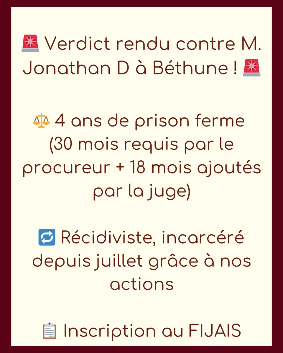 Enfants_dArgus's tweet photo. 🚨 Béthune : M. Jonathan D condamné à 4 ans ferme
🔁 Récidiviste, incarcéré depuis juillet
📋 Inscrit au FIJAIS
🙏 Merci aux Enfants d’Argus, Le Kbinet &amp; Truly
#JusticePourLesEnfants #ProtectionDeLenfance https://t.co/9sqB9ct3md