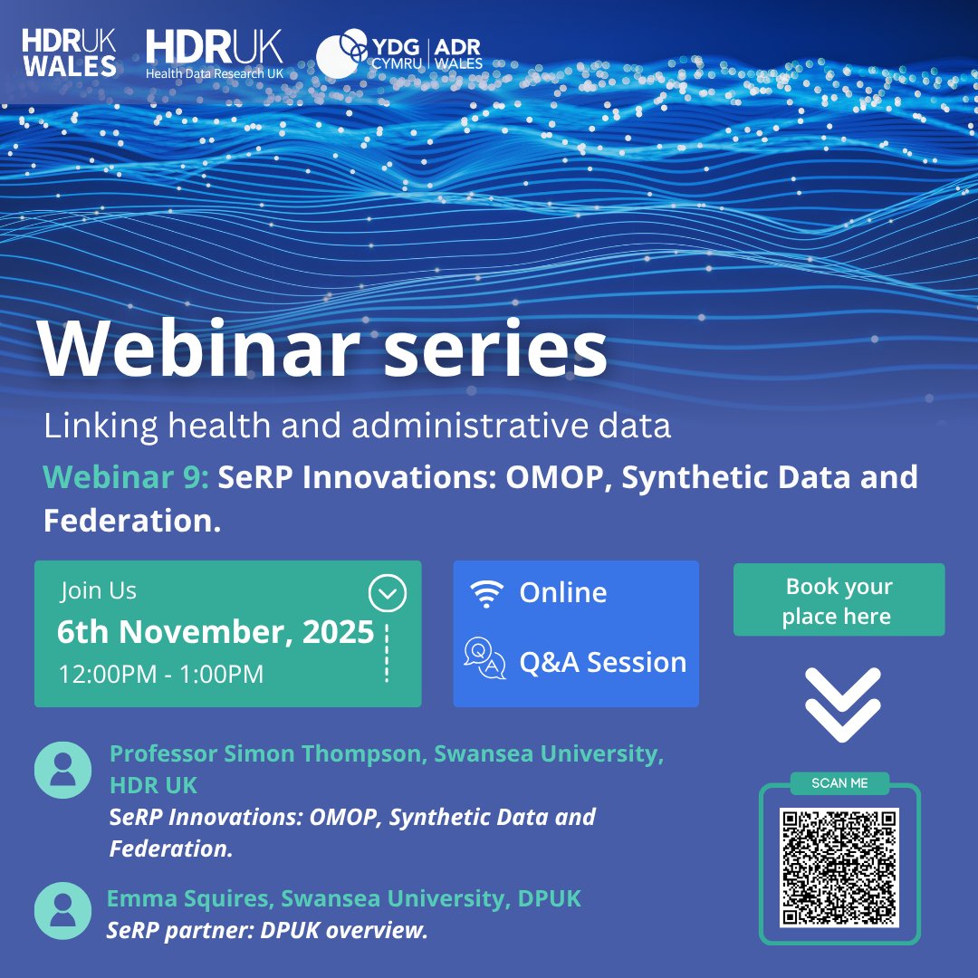 hdrukwales's tweet image. Join us for our next lunchtime webinar💻

👉SeRP Innovations: OMOP, Synthetic Data and Federation.

💬With talks from Prof Simon Thompson &amp;amp; Emma Squires, @SwanseaUni followed by a short Q&amp;amp;A session.

📅 6 November |🕐12-1 PM
🔗Register now: ticketsource.co.uk/population-dat…
#DataLinkage
