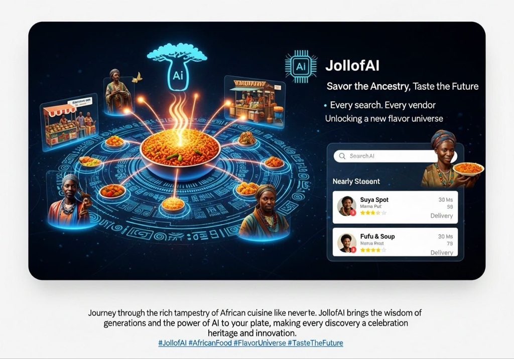 AFRIMENT's tweet photo. Other Apps give recipes. JollofAI gives recognition

● Cook with what you have.
● Discover local vendors.
● Explore authentic recipes.

We fuse Africa’s soulful flavors with AI, serving memory, heritage &amp; identity on one plate.
 
#Afriment #TeamAccelerators #JollofAI https://t.co/DJTlMXsHQc