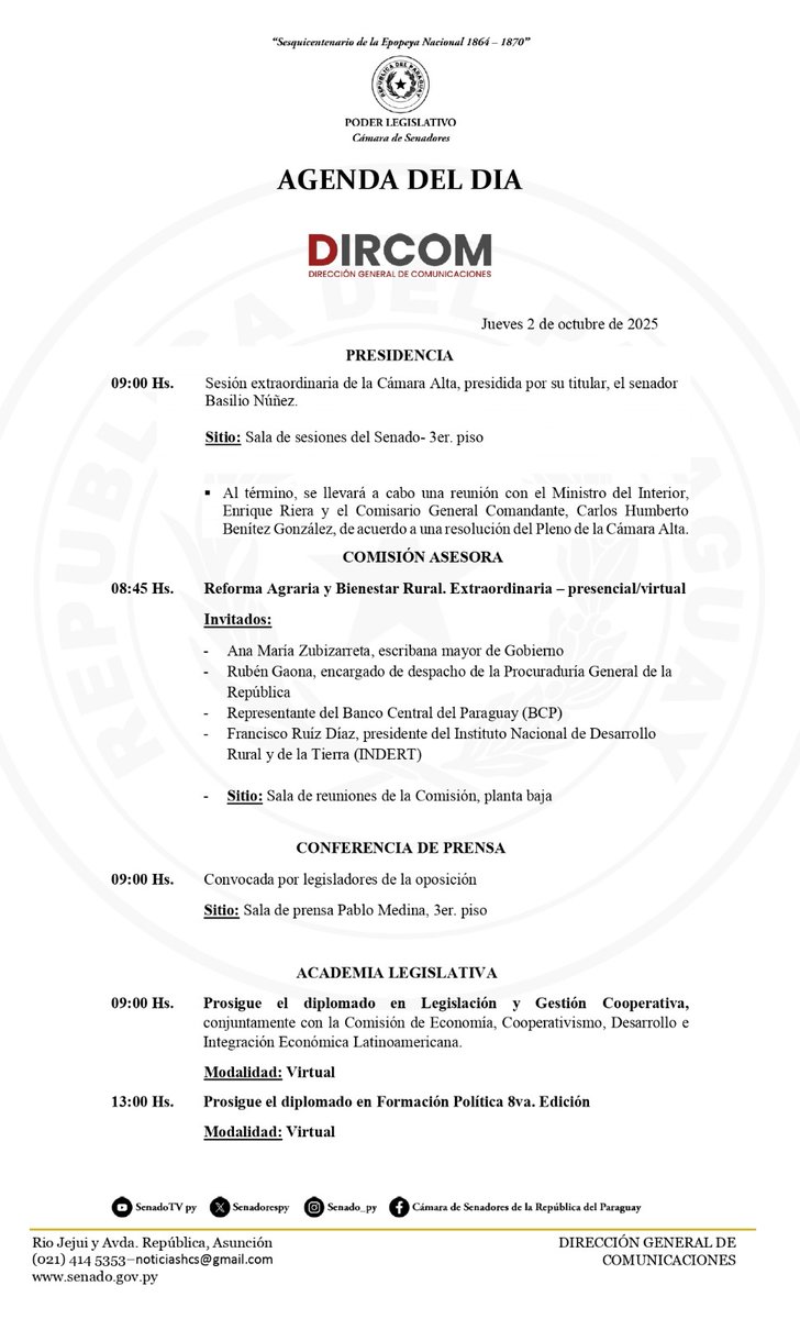 La Cámara de <a href="/SenadoresPy/">SenadoPy</a>, para la jornada de hoy registra estas actividades en su agenda.

__
🗓️#AgendaSenado| Jueves 02/Octubre