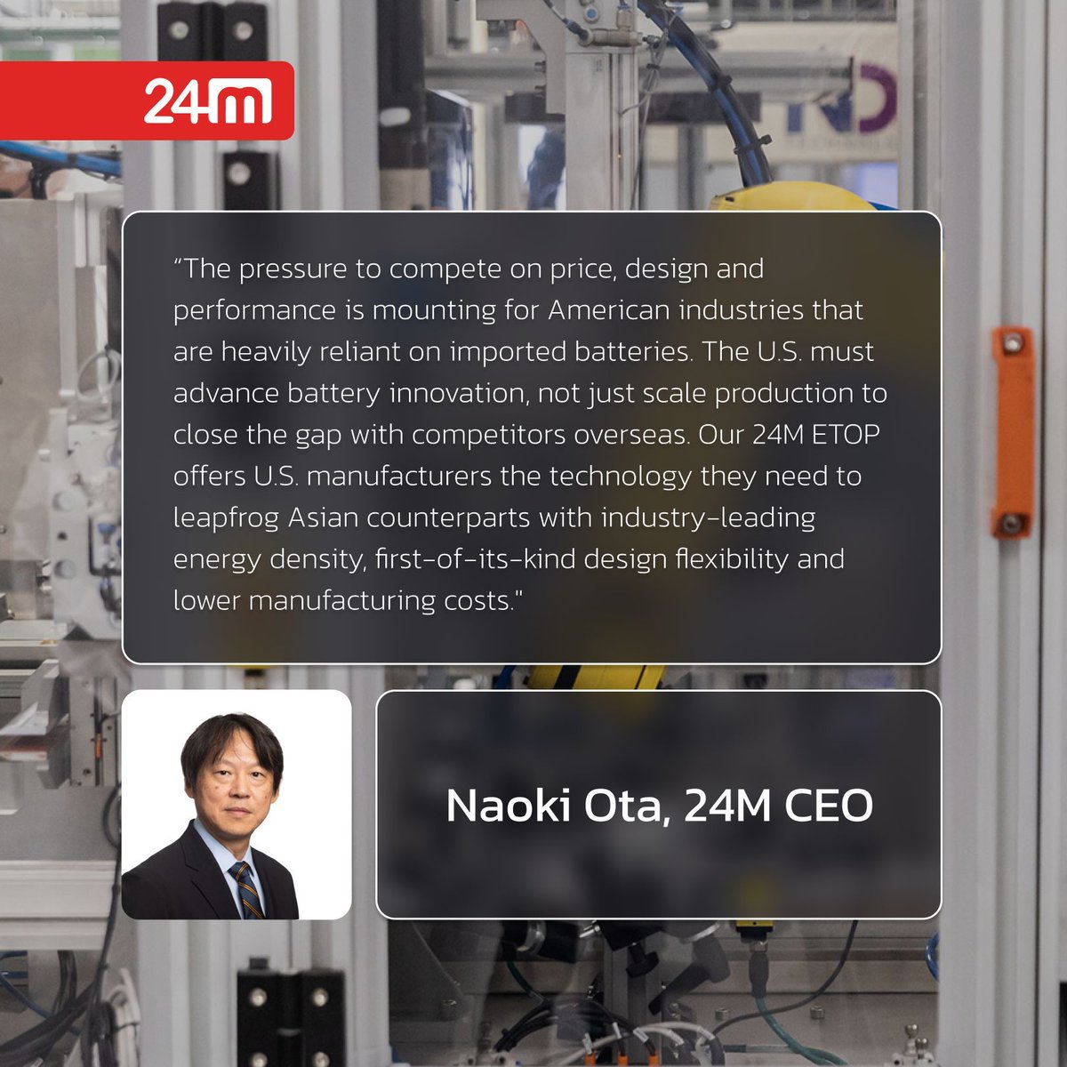 24M_Tech's tweet image. 24M ETOP offers manufacturers a simpler, more cost-effective path to build compact, high-voltage batteries with maximum energy density and design flexibility.

Learn how 24M ETOP could unlock a competitive edge for U.S. battery manufacturers: buff.ly/jslOTV8