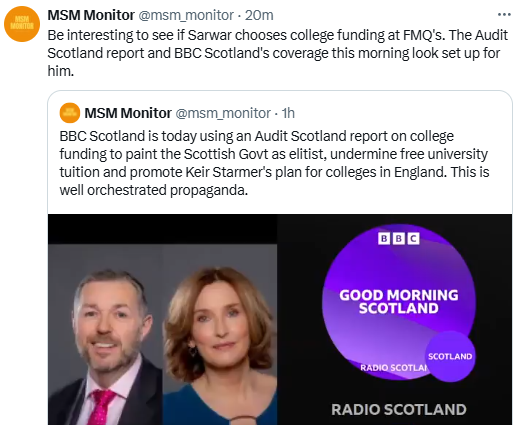 Sarwar did indeed go with the Audit Scotland report and used exactly the same 'elitist' narrative pushed by BBC Scotland this morning, which once again raises questions as to whether the broadcaster colluded with Labour to help Sarwar.