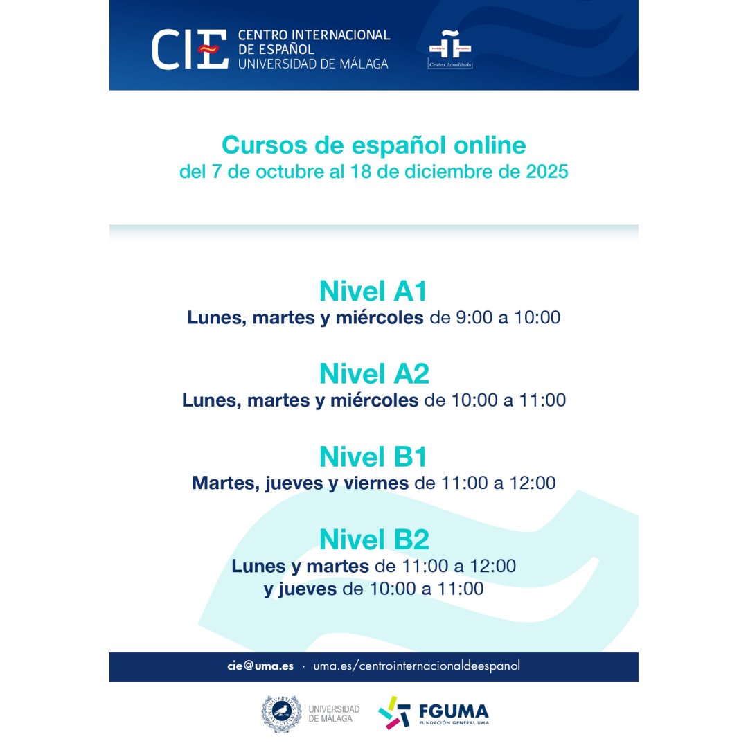Si eres residente y/o trabajador internacional en Málaga o provincia, aún estás a tiempo de inscribirte en nuestros cursos online de español que comienzan el próximo 7 de octubre. Recuerda que ahora tienes un 25 % de descuento
If you are a resident and/or international worker in