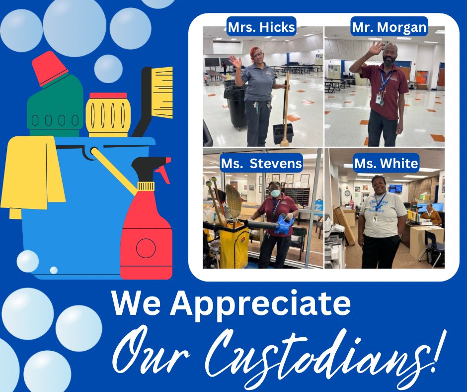 🐴💙 Today is National Custodian Appreciation Day!

Thank you Mrs. Hicks, Mr. Morgan, Ms. Stevens &amp; Ms. White for keeping Thoroughbred Country clean, safe &amp; welcoming. #PPSShines #cpisthoroughbreds