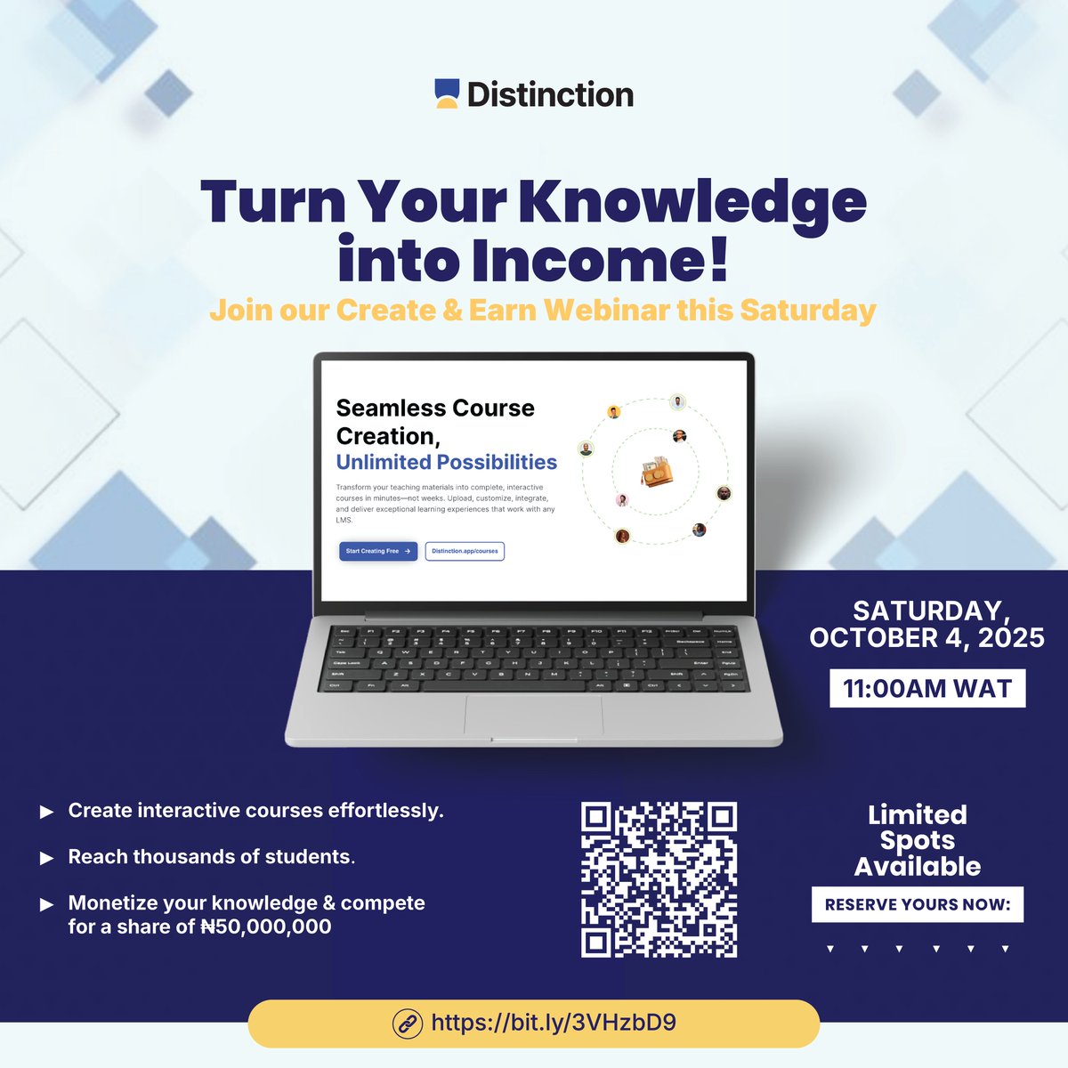 Distinction_AI's tweet image. Only 2 days left! Don’t miss the Create &amp;amp; Earn Webinar. Learn how to turn your expertise into interactive, profitable courses with AI tools &amp;amp; compete for a share of ₦50,000,000!

👉 Register now:  bit.ly/3VHzbD9

#distinction #distinctionacademy #CreateAndEarn #Webinar